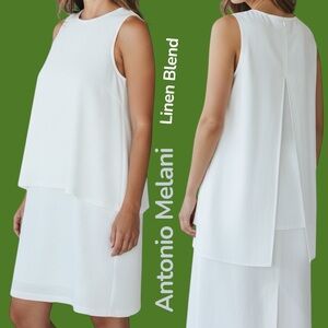 Antonio Melani Dress Linen Blend White Back/Zip Stretch Preppy Cocktail Sz 2